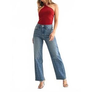 NEW JBD. rhinestone vintage straight leg jeans in blue